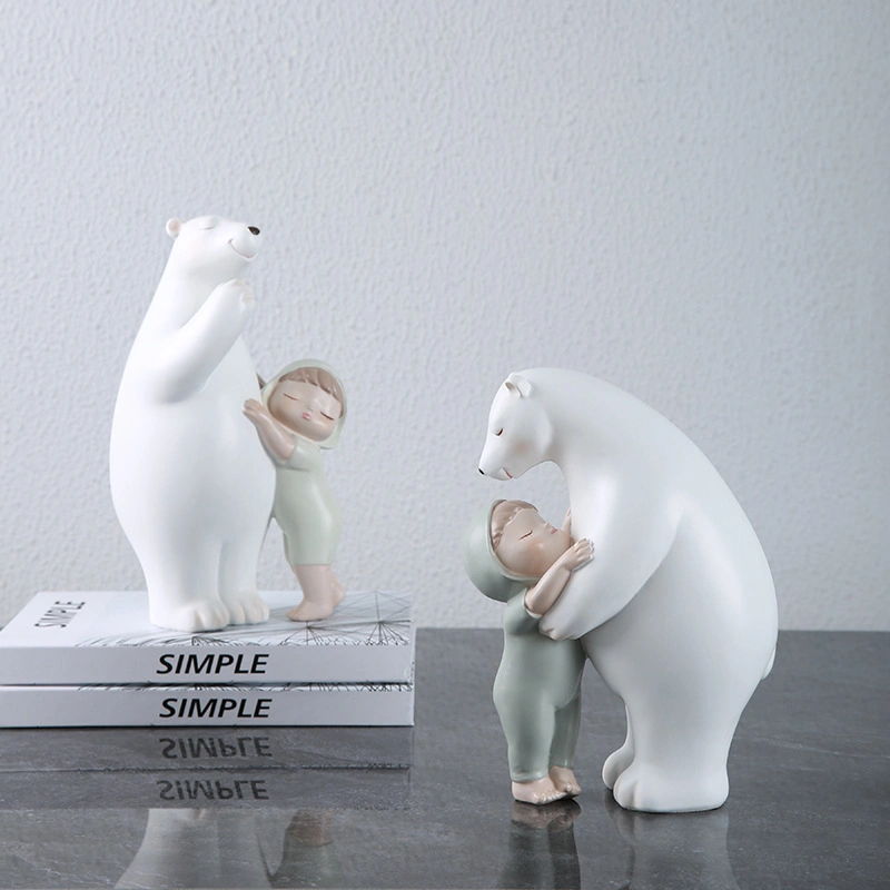 Home Table Decorative Resin White Bear and Baby Girl Statue