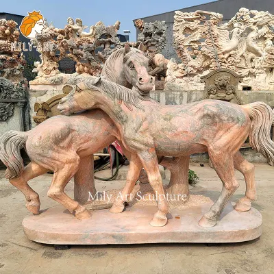 Estatua de caballo de pareja de mármol rojo, escultura de piedra Animal de tamaño natural, buen precio de fábrica, proveedor personalizado hecho a mano