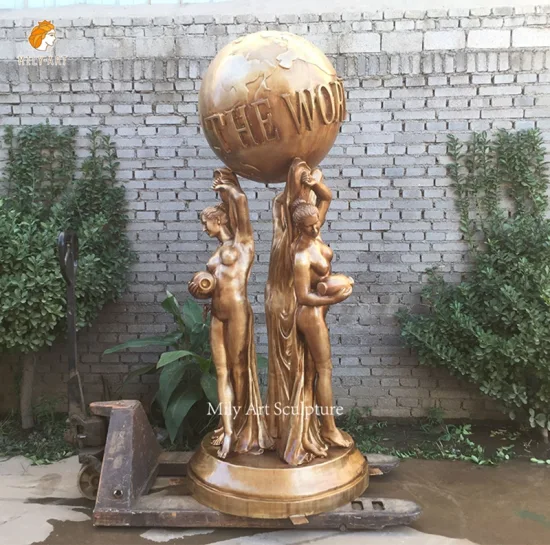 Popular jardín al aire libre decoración del hogar interior tamaño completo escultura de latón personalizada grande artesanía de metal iluminación bronce el mundo es tuyo estatua