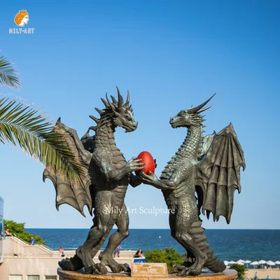 Escultura gigante de monstruo de metal, estatua de dragones occidentales de pareja de bronce al aire libre con huevo